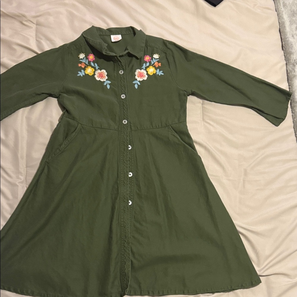 Wonder Nation Olive Green Kids Dress with Floral Embroidery